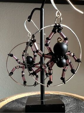 Handmade beaded spider hoop earrings large